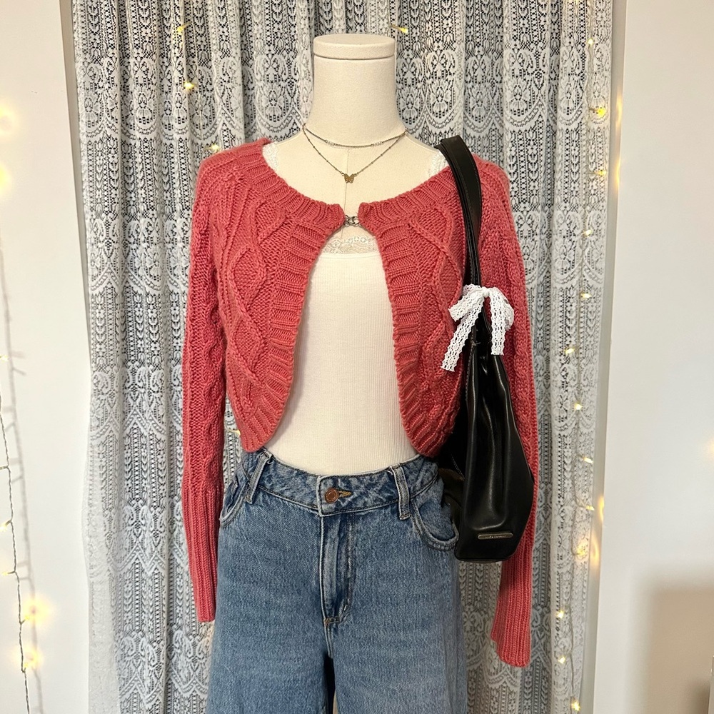 Campus Crew Pink Cable Knit Cropped Cardigan Bolero Sweater